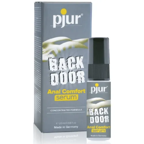 Grey packaging and bottle of "pjur Back Door Anal Comfort Serum", 20 ml, made in Germany.