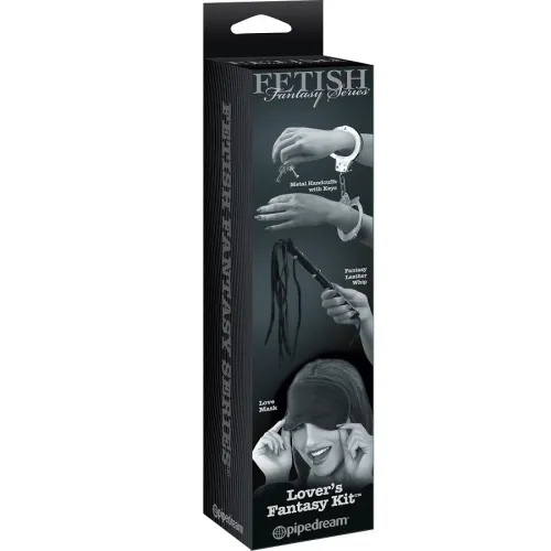 Packaging of a "Lover's Fantasy Kit" with handcuffs, whip and eye mask, part of the Fetish Fantasy Series.