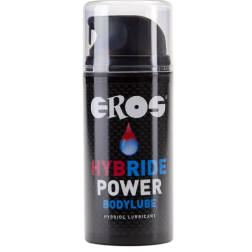 Schwarze Flasche EROS Hybride Power Bodylube mit blau-rotem Tropfen-Design und transparentem Deckel.