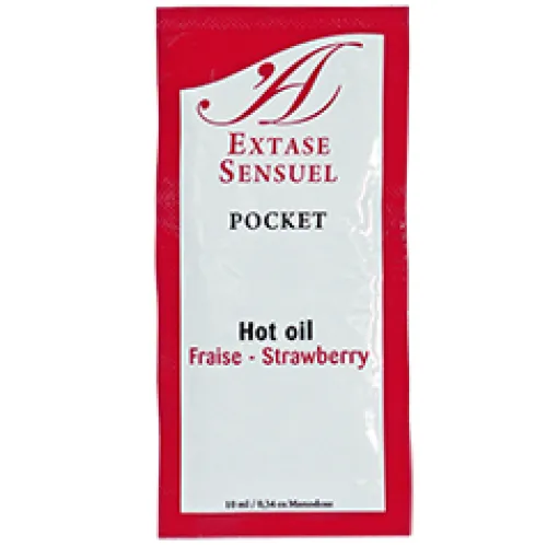 Rotes Sachet mit der Aufschrift "Extase Sensuel Pocket Hot Oil Fraise - Strawberry, 10 ml".