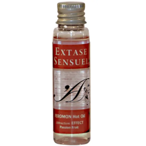 Small bottle with a red label, inscribed "Extase Sensuel", contains pheromone hot oil with passion fruit scent.