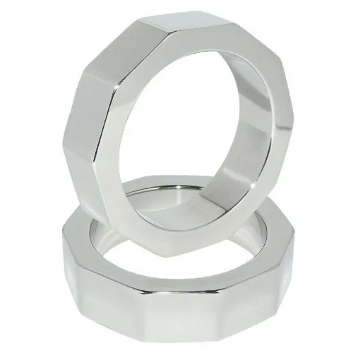Two silver, octagonal rings stacked on top of each other.