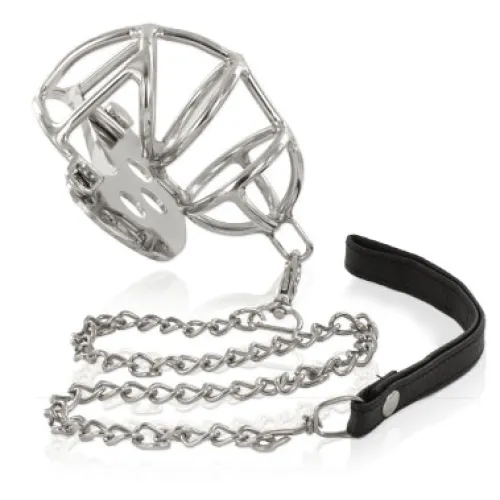 Silver metal cage with chain and black leather handle.