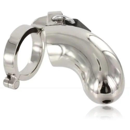 Metallischer Keuschheitsgürtel in gebogener Form mit Schloss und Ring.