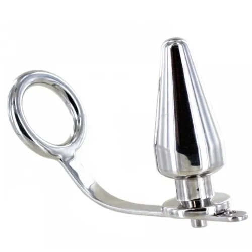 Metallic anal plug with ring handle and conical tip.