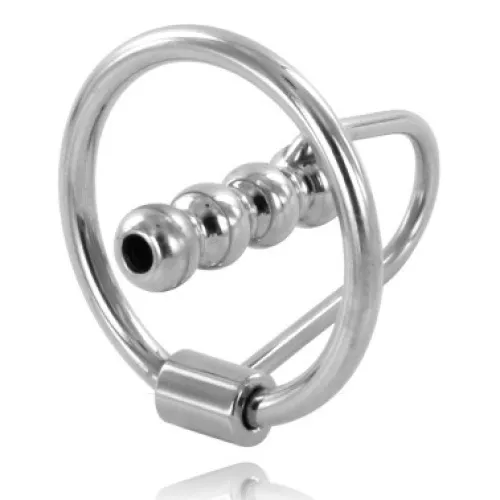 Metal ring with pearls and rod, silver-colored, on a white background.