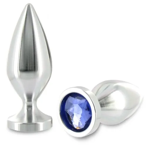 Two silver metal plugs, one standing, one lying down, with a blue gemstone at the base.