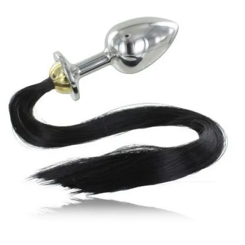Metallic plug with black ponytail.
