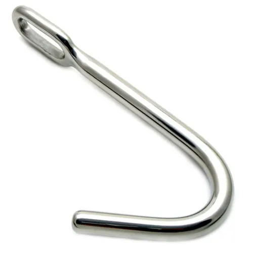 Metal hook with oval opening, shiny and curved.