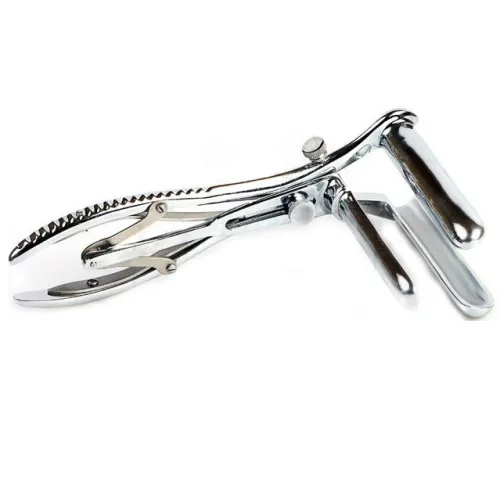 Metal speculum with handles and adjustment screw, on a white background.