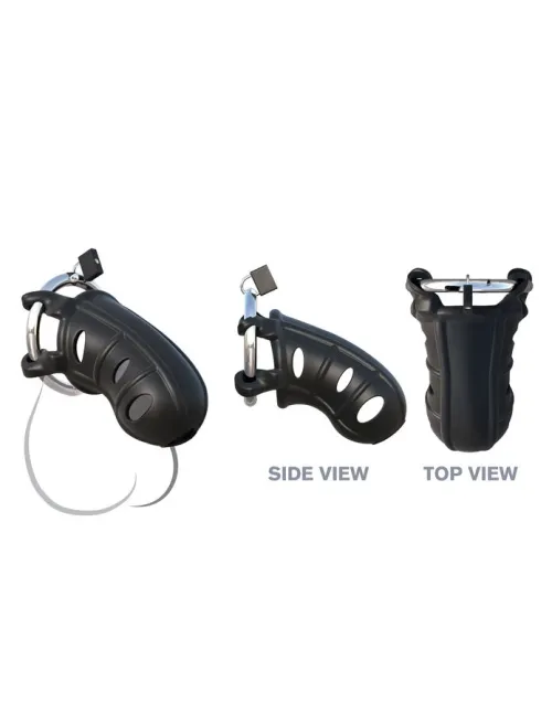 Black plastic device in three views: side, top and side, with metal parts and holes.