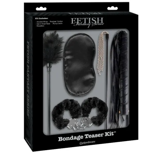 Bondage set including blindfold, feather tickler, handcuffs, whip and chain in black packaging.
