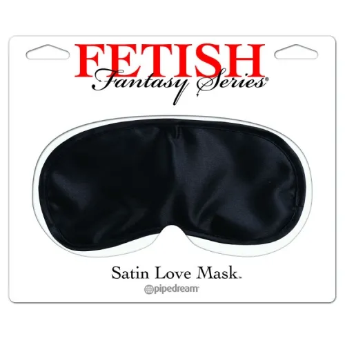 Black satin eye mask on packaging labeled "Fetish Fantasy Series" and "Satin Love Mask".