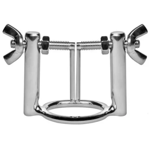Metallklemme mit Flügelschrauben und rundem Ring, silberfarben.