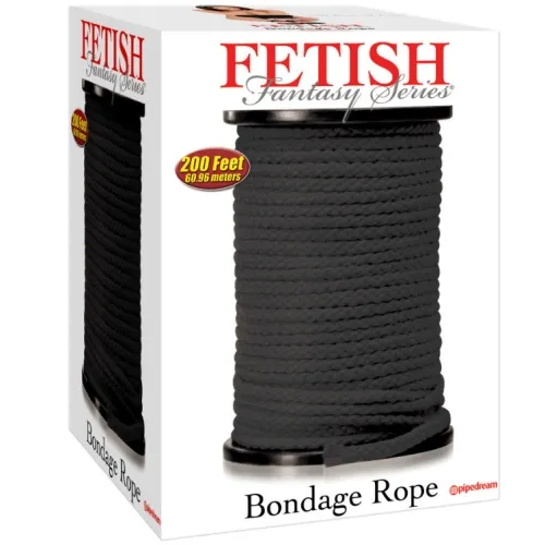 Packaging of a black bondage rope reel, 200 feet (60.96 meters), Fetish Fantasy Series.