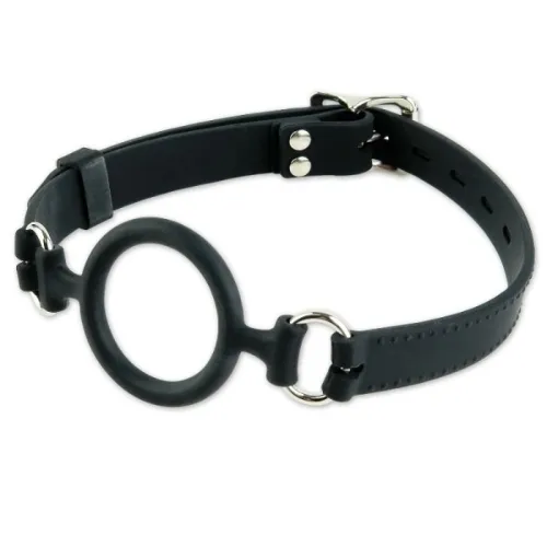 Black silicone O-ring gag with adjustable strap and metal buckles.