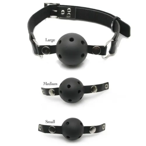 Three black gags in different sizes: large, medium, small, with adjustable straps and holes.