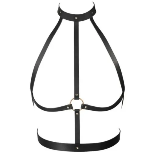 Black leather harness with collar and straps, connected by a metal ring in the middle.
