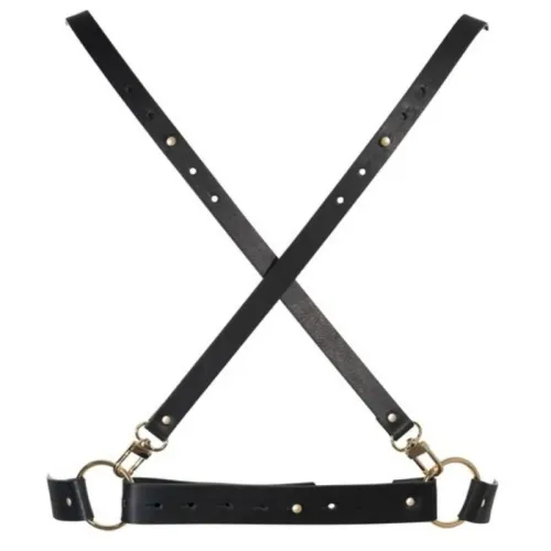 Black leather harness with gold rings and buckles arranged in an X-shape.