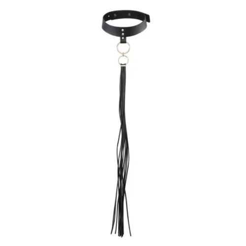 Black collar with fringes and metal rings, decorative and elegant.