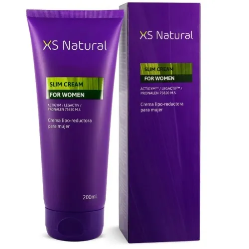 Lila Tube und Schachtel von XS Natural Slim Cream für Frauen, 200 ml, lipo-reduzierende Creme.