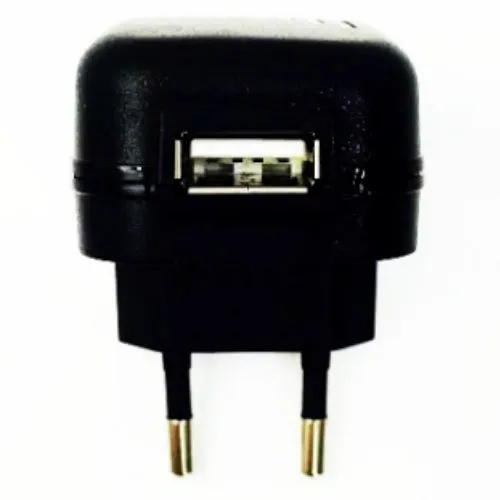 Black USB charger with two plugs and one USB port, shown from the front.