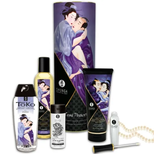 Shunga erotic set with various products, decorated with traditional Japanese art.