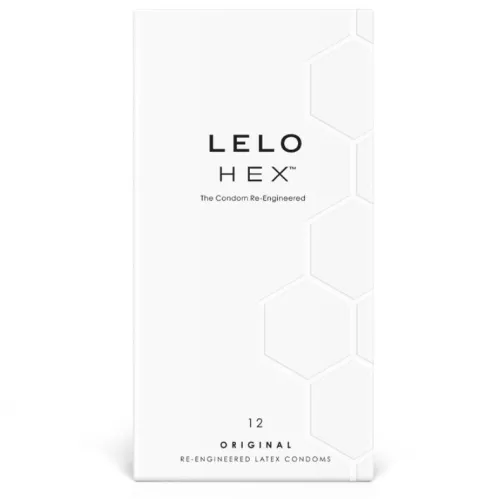 White packaging of LELO HEX condoms with a hexagonal pattern and black text.