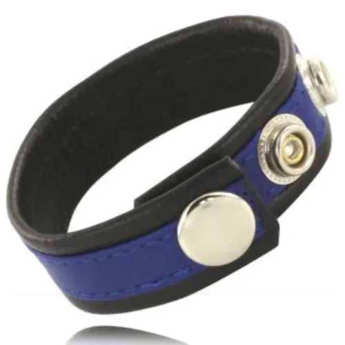 Black and blue bracelet with silver snap fasteners.