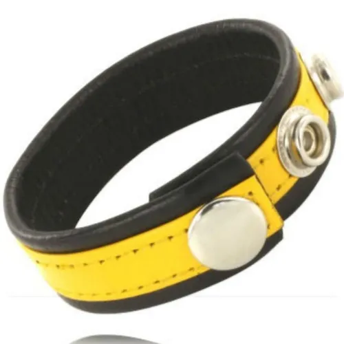 Yellow and black bracelet with silver snap fasteners.
