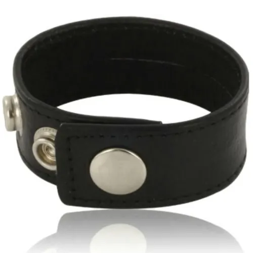Black leather bracelet with silver snap closure.