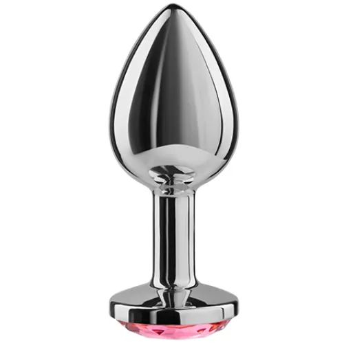 Metallischer Plug mit rosa Schmuckstein am Sockel, glänzend und tropfenförmig.
