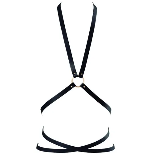 Black leather harness with gold rings, designed in a cross shape.