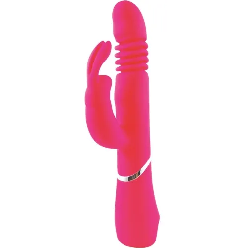 Pink vibrator with bunny ears and ribbed texture, standing on a white background.
