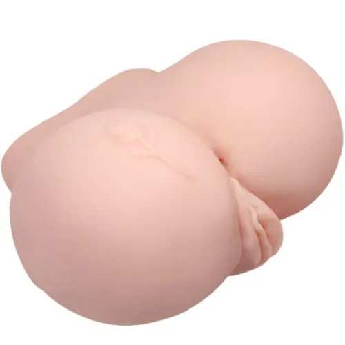A skin-colored silicone model in the shape of a human buttocks with a rose on it.