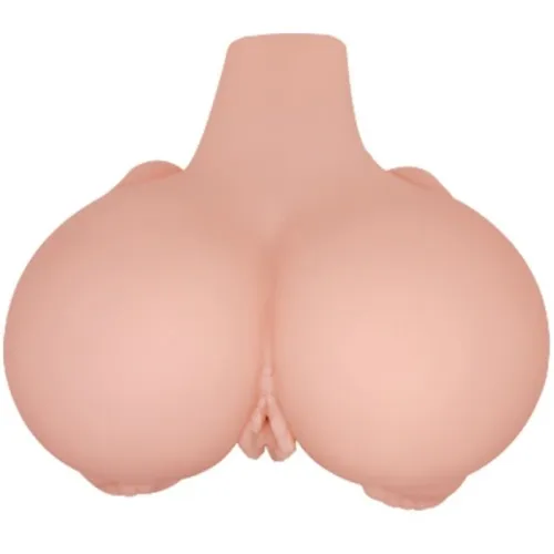 A skin-colored silicone model with two large, round shapes and an opening at the bottom.