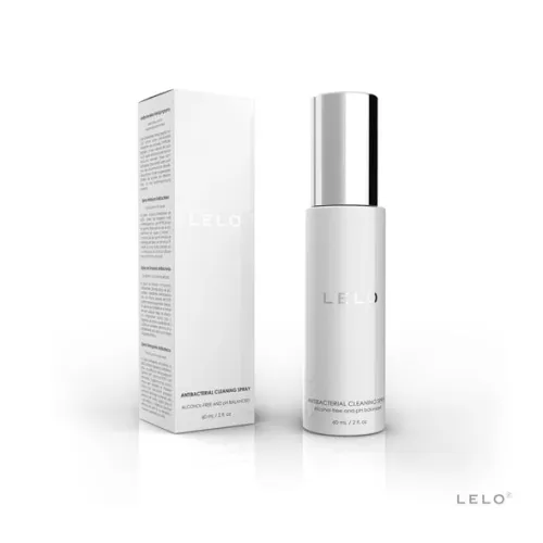 LELO Antibacterial Cleaning Spray, 60 ml bottle and packaging, white design with silver cap.