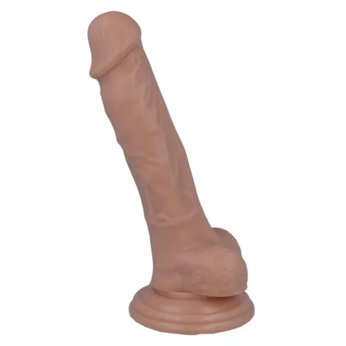 A flesh-colored dildo with a suction cup, realistic details, standing upright.