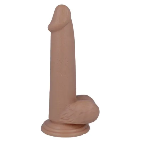 Beige Dildo mit Saugnapf, realistische Form, aufrecht stehend.