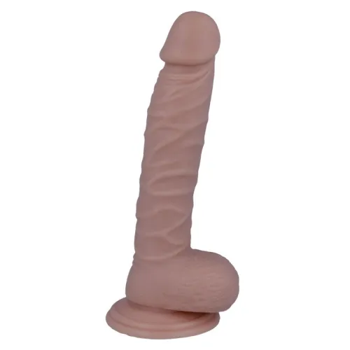 Ein hautfarbener Dildo mit Saugnapf, realistischem Design und Adernstruktur.