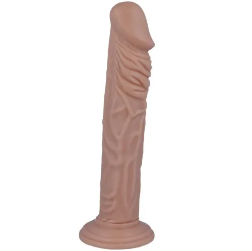 Beige Dildo mit Adern und Saugnapf-Basis, stehend.