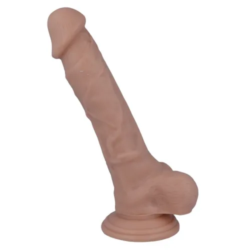 A flesh-colored dildo with a suction cup, realistic details, standing upright.