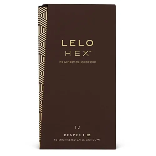 Braune Verpackung von LELO HEX Kondomen, 12 Stück, mit goldenen geometrischen Mustern und Text "The Condom Re-Engineered".