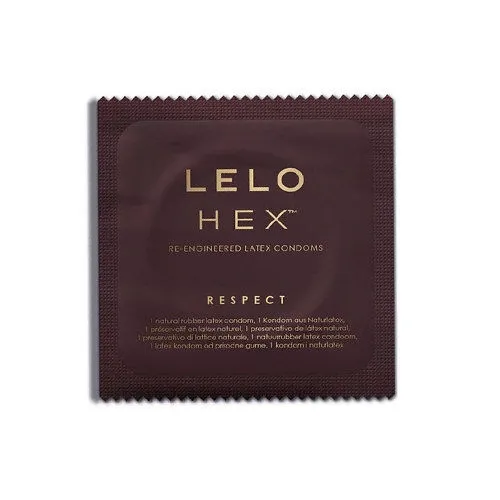 Packaging of a LELO HEX condom with the word "Respect" on a dark background.
