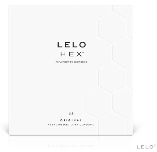 Weiße Verpackung von LELO HEX Kondomen mit sechseckigem Muster und Text: "The Condom Re-Engineered", 36 Original.