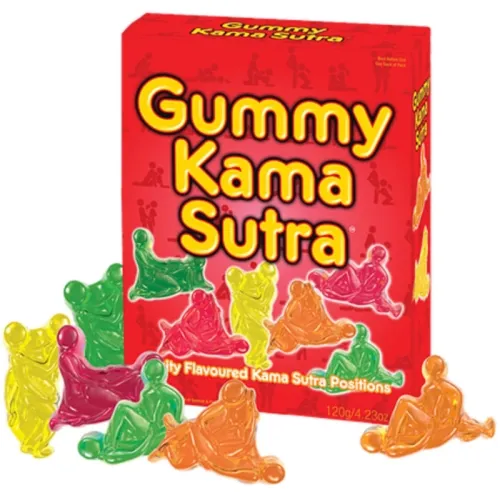 Red package containing gummy bears in various colors and shapes, inspired by the Kama Sutra.