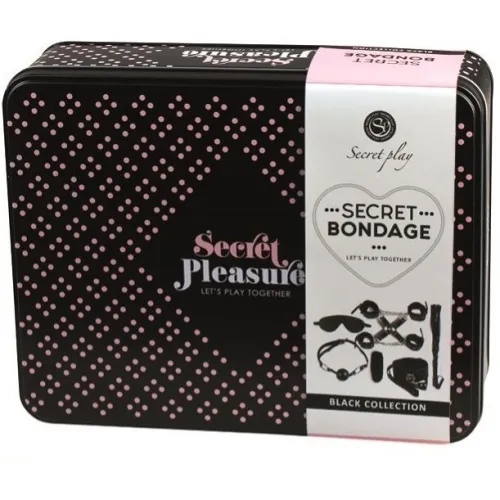 Schwarze Box mit rosa Punkten, Aufschrift "Secret Pleasure" und "Secret Bondage", enthält Bondage-Accessoires.