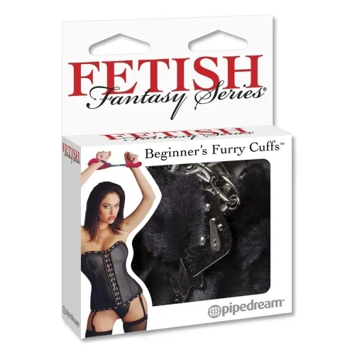 Packaging of the "Fetish Fantasy Series" with black plush handcuffs and model in lingerie.