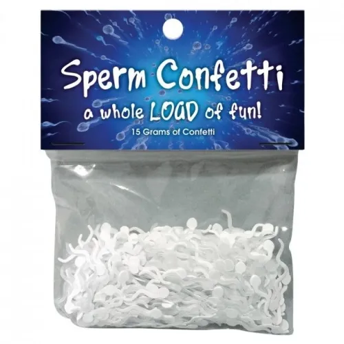 Tüte mit weißem Konfetti in Form von Spermien, beschriftet mit "Sperm Confetti, a whole LOAD of fun!".