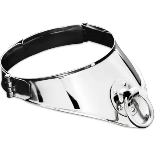 Silver necklace with ring and black clasp.